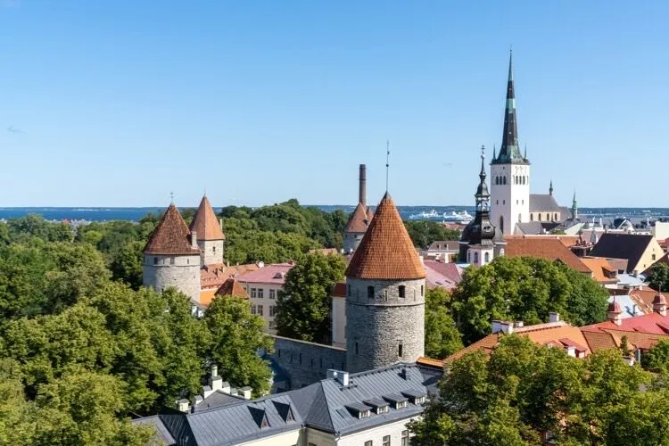 Scandinavian cityscape with church spire