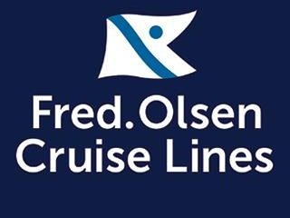 Logo of Fred. Olsen Cruise Lines with a stylised flag design in blue and white.